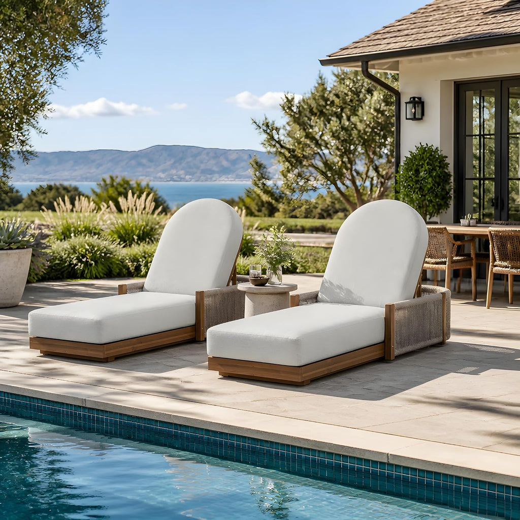 Patio Chaise Lounge Chair with Cushions Set of 2, 78'' Acacia Wood Adjustable Reclining Chaise with 5-Positions