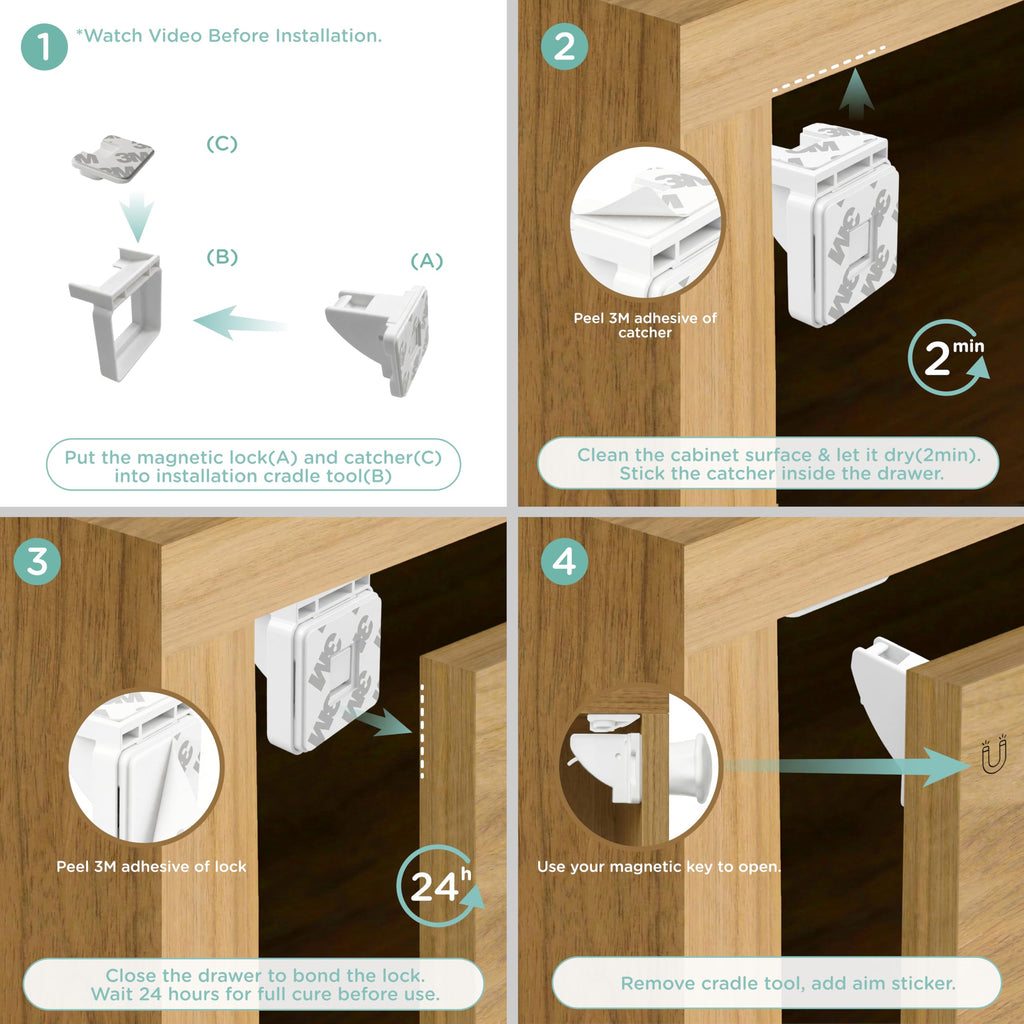 Magnetic Cabinet Locks for Baby Proofing, 10 Pack, 2 Keys