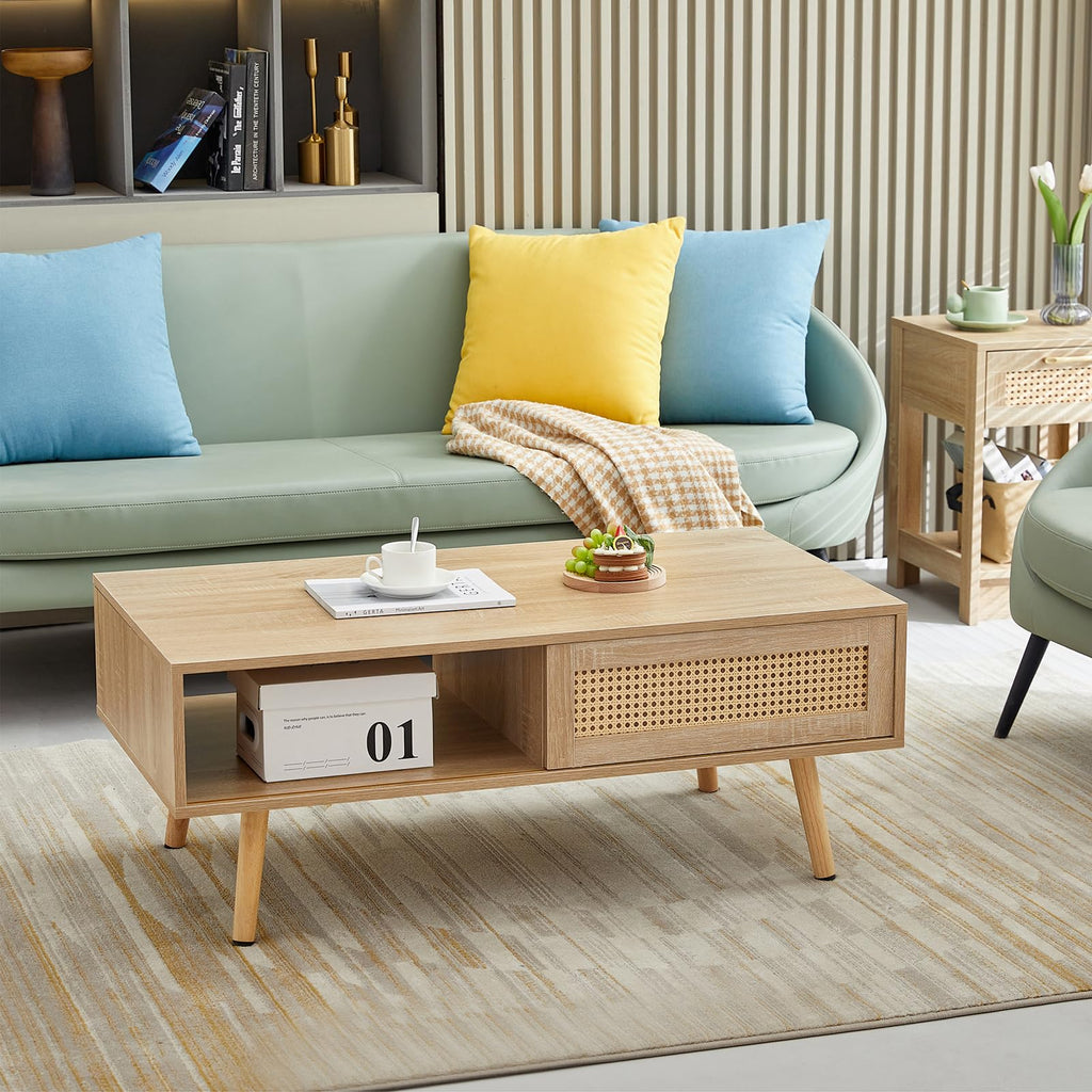 41.3 Inch Wooden Coffee Table with Storage, Modern Rectangle Accent Center Sofa Table with Sliding PE Rattan Woven