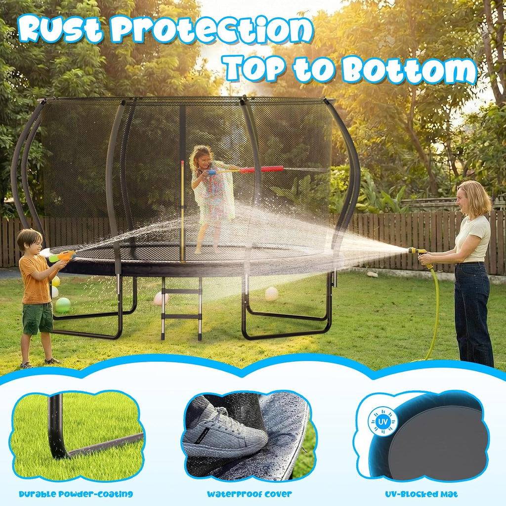 Trampoline Outdoor, 8FT 10FT 12FT 14FT Trampoline for Kids with Enclosure and Double-Sided Color - Blue&Black, ASTM