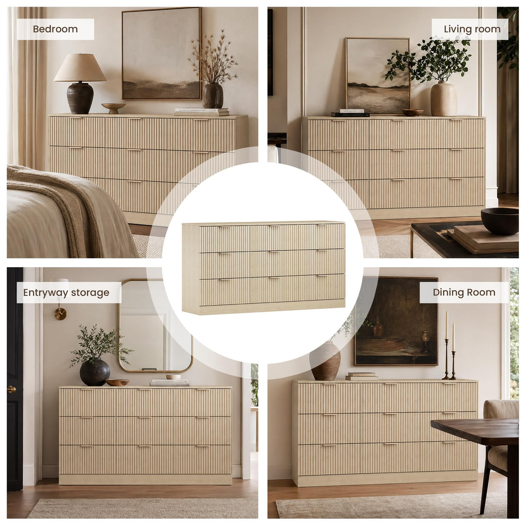 9 Drawer Fluted Dresser, Modern Wooden Chest of Drawers, Wide Storage Cabinet with Smooth Silent Slides, Anti-Tip