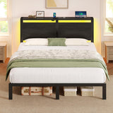 Full Bed Frame with Charging Station, LED Full Bed Frame with Wood Storage Headboard