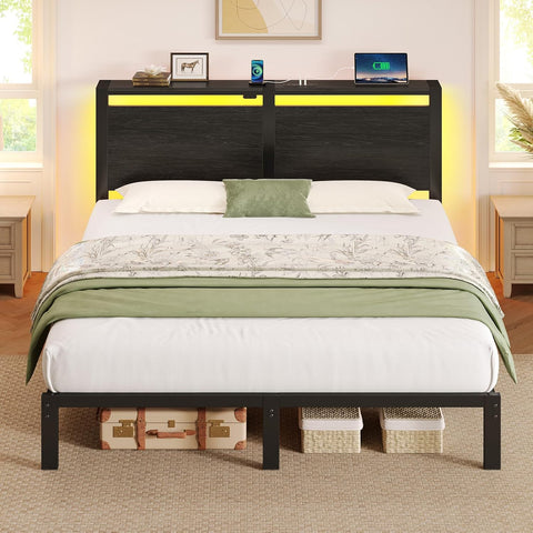Full Bed Frame with Charging Station, LED Full Bed Frame with Wood Storage Headboard