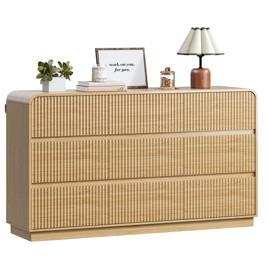 Oak Dresser Fluted 9 Drawers Dresser, 59" Wide Wood Chest of Drawers with Hidden Handles & Rounded Corners, Modern