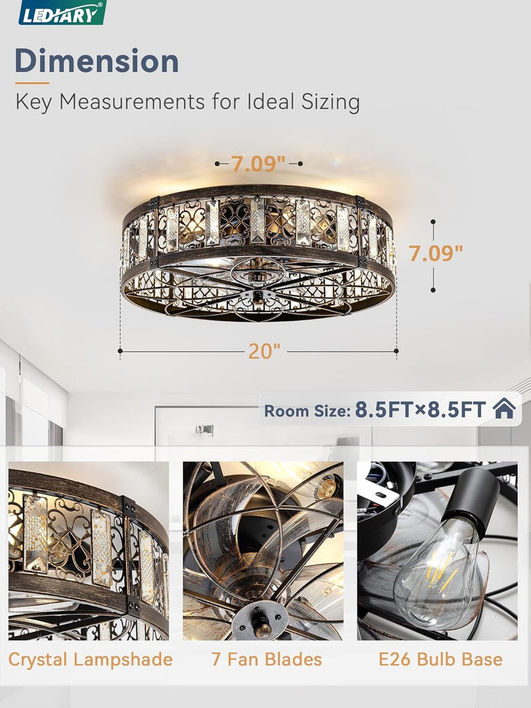 20" Caged Ceiling Fans with Lights,Flush Mount Vintage Victorian Rustic Crystal Fandelier