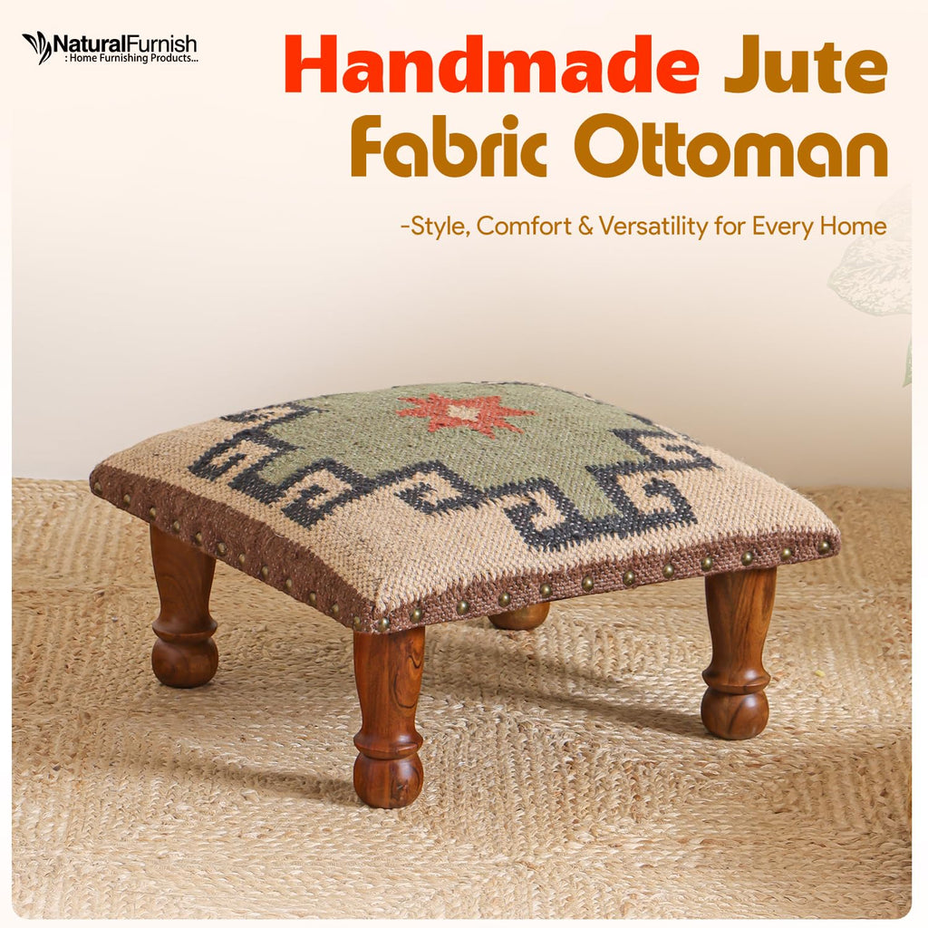 Upholstered Ottoman Footstool with Tribal Aztec Fabric | Rustic Wooden Accent Stool with Turned Legs | Decorative