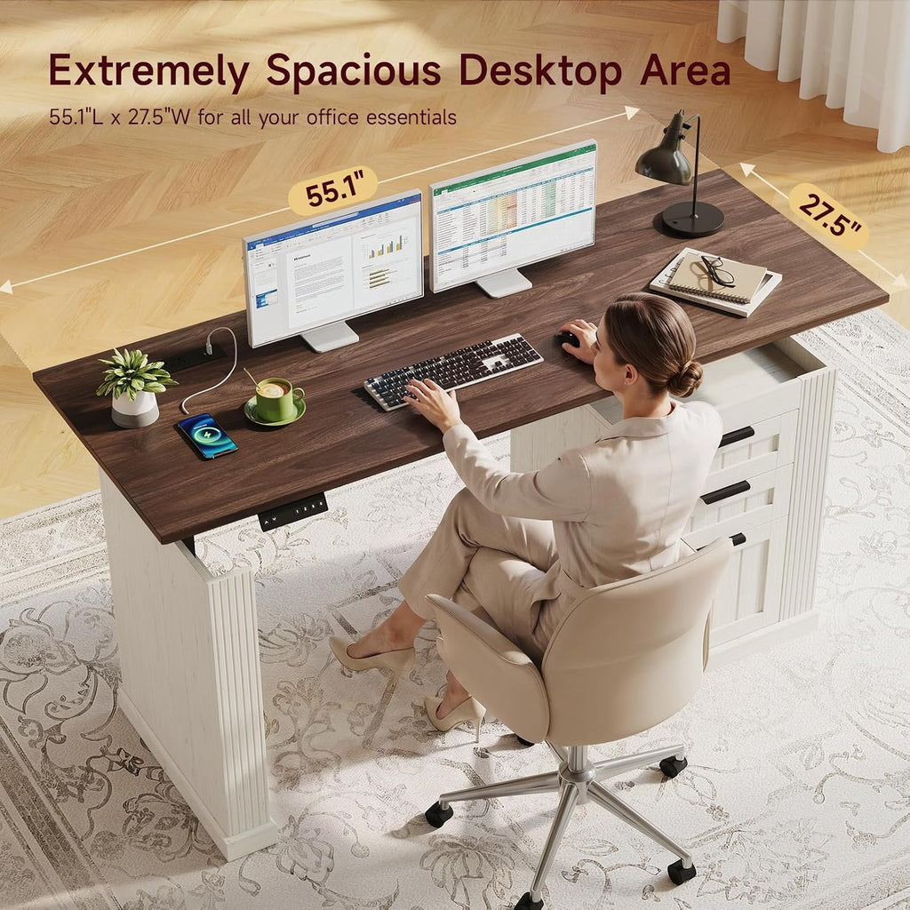 55 Inches Electric Standing Desk with File Cabinet, Computer Desk | Height Adjustable Desk with 3 Drawers, Farmhouse