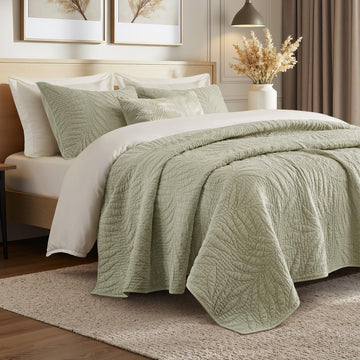 100% Cotton Quilt Set, Stone Washed Bedspread with Embroidered Leaf, Soft Percale Coverlet, Modern