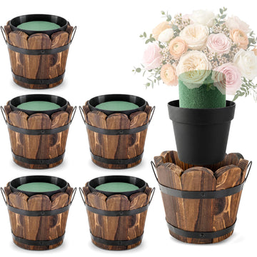 Whiskey Barrel Planter, Rustic Wood Plant Pots with Removable Plastic Liner & Floral Foam, Planters for Wedding Table