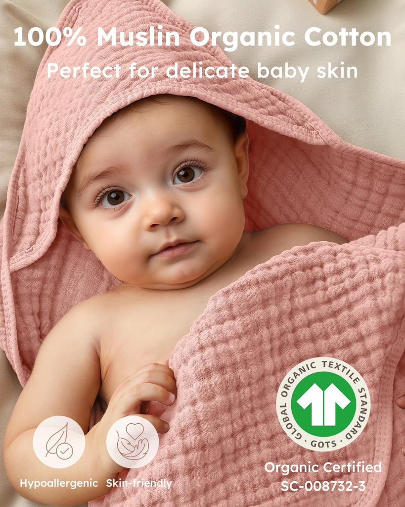 Hooded Baby Bath Towels 2 Pack 100% Muslin Organic Cotton with Hood
