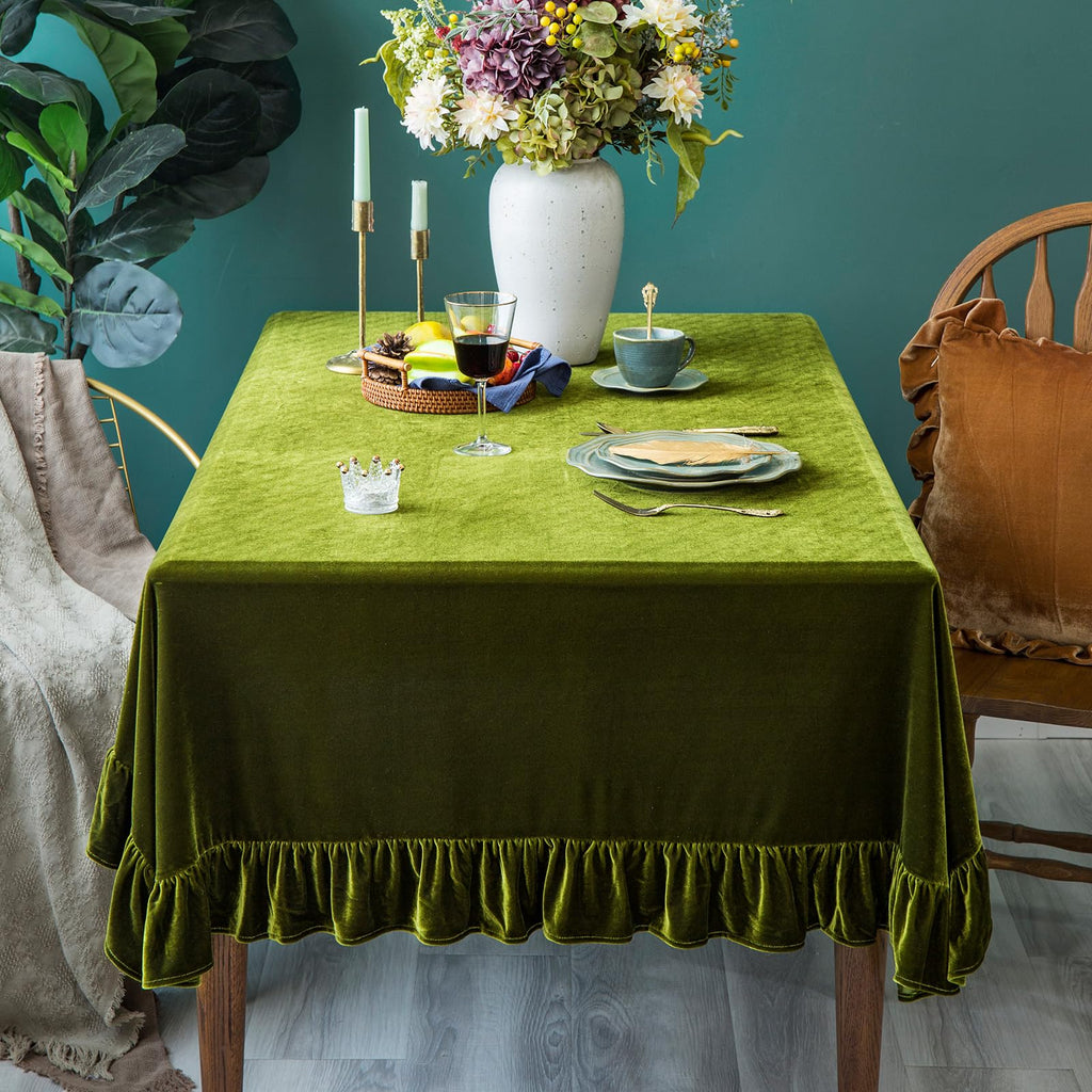 Velvet Tablecloth Luxurious Solid Rectangle Table Cloth, Oblong Retro Farmhouse Ruffle Tablecloths Washable Table