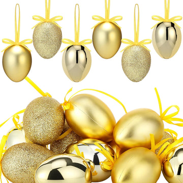 Gold Easter Eggs Tree Decorations Glitter Egg Hanging Ornaments for Easter Basket Home Spring Tree Decoration - Set of 12