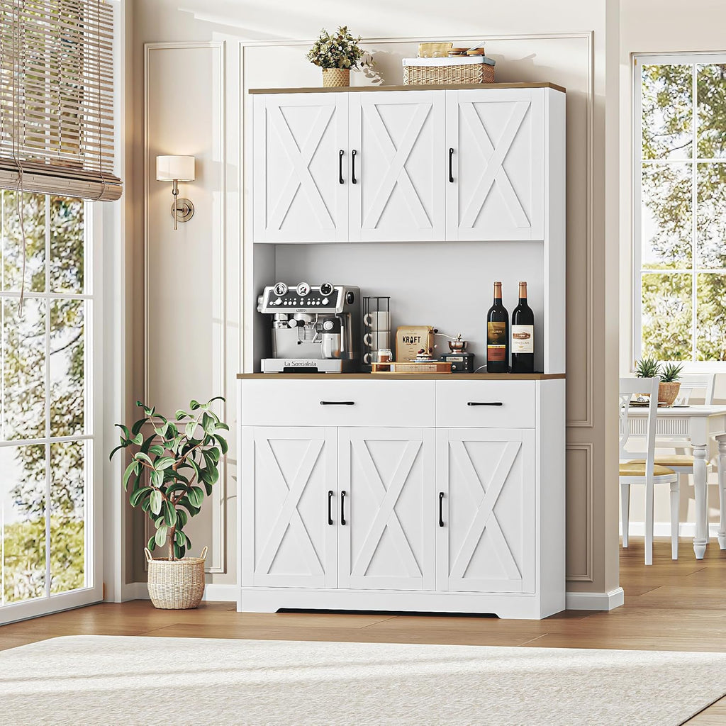 71"H Kitchen Pantry Storage Cabinet, Farmhouse Hutch Cabinet, White | Space-Saving Pantry Cabinet with Charging