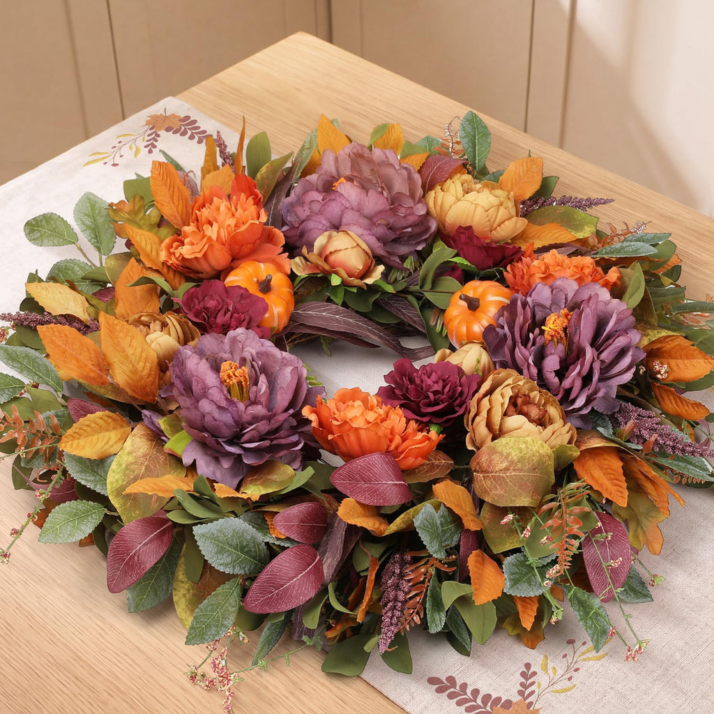 26 Inch Fall Wreath for Front Door, Large Autumn Harvest Wreath with Purple Peony, Pumpkin & Berries, Full and Lush