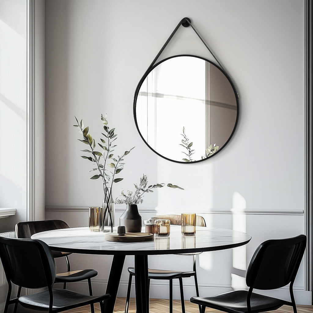 Hanging Strap Wall Mirror: 27.5" Round Bathroom Mirror Black Frame