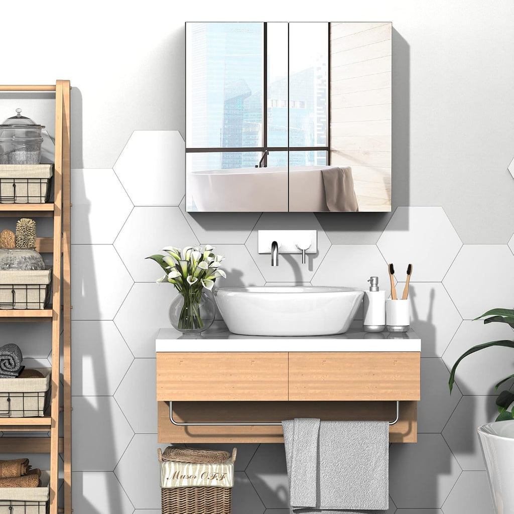 Bathroom Mirrored Cabinet Steel Frame Double Doors 24"x22" White | Medicine Cabinet, Wall-Mounted Storage Organizer