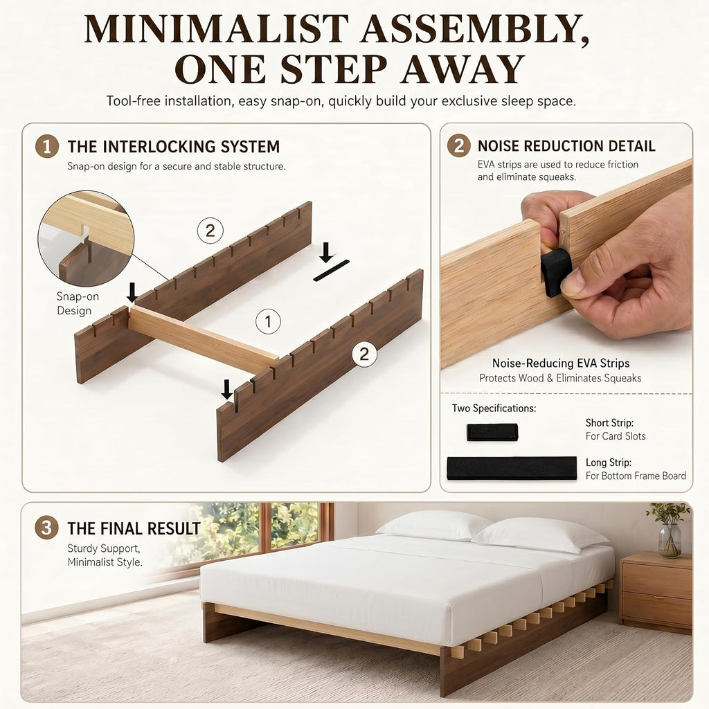 Japanese Platform Bed Frame with Wooden Slats, Easy Assembly