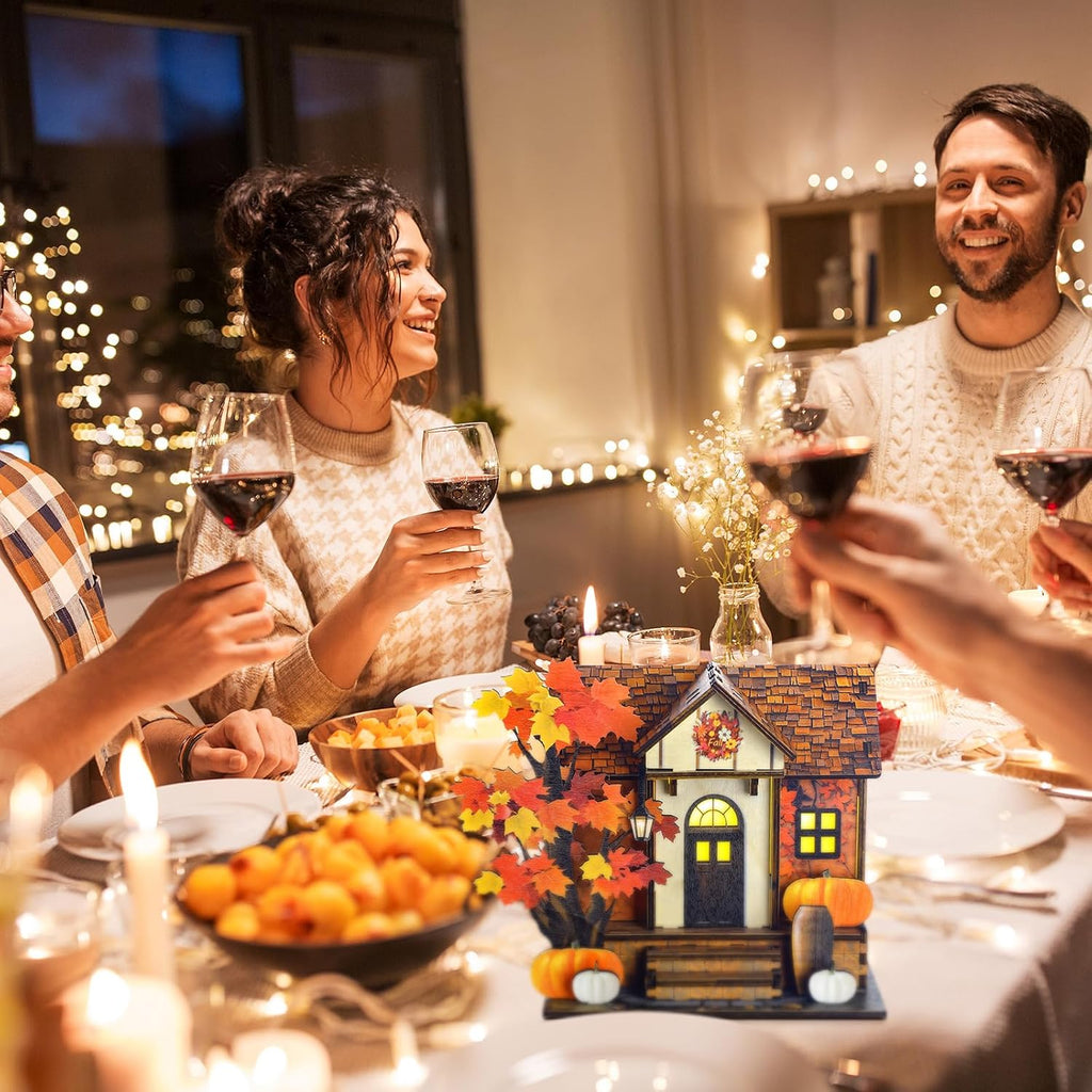 Wooden Lighted Thanksgiving Village House Tabletop Decoration Handcrafted Wood Autumn Harvest Sign Battery Operated