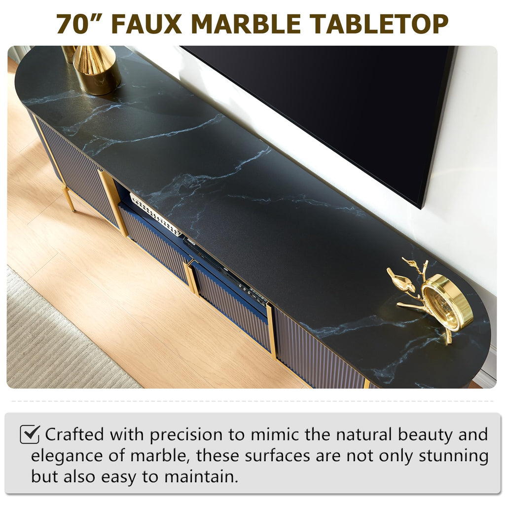 70" Fluted TV Stand with Storage, Faux Marble Top Entertainment Center for TVs Up to 80", Modern Curved Edge Media
