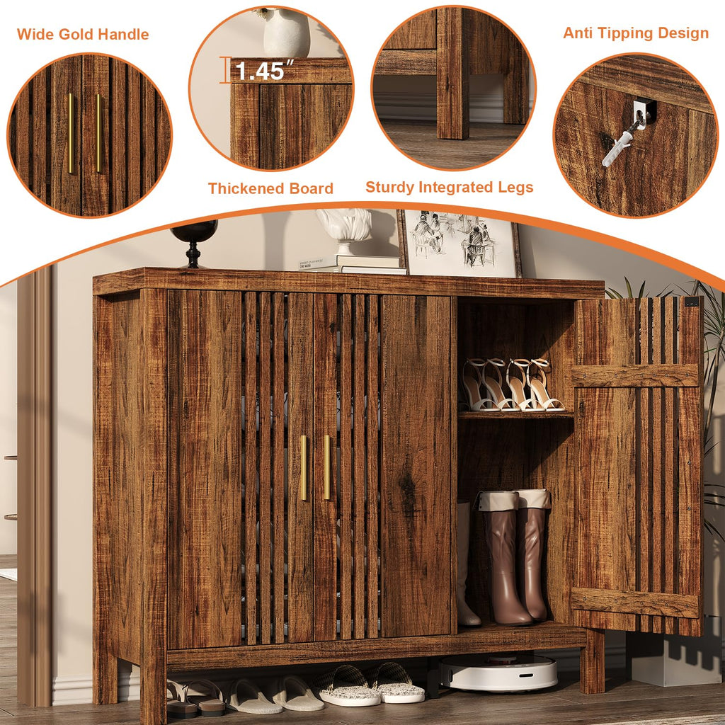 Wooden Shoes Cabinet with 3 Doors and Adjustable Shelves, Retro Freestanding Shoe Organizer Cabinet Hallway Living