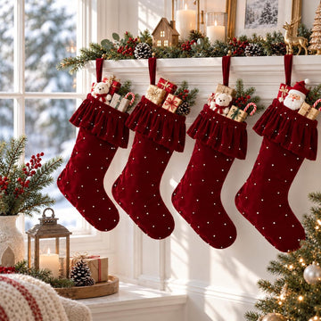 Velvet Christmas Stockings Set of 4, Pearls Ruffled