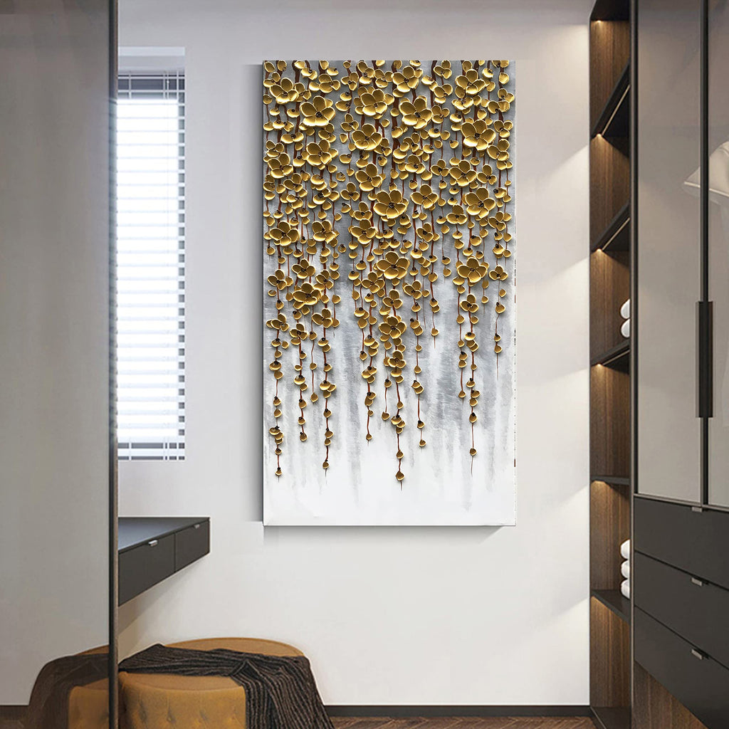 3D Vertical Abstract Canvas Oil Painting Wall Art, 116x57cm Golden Flower Painting Wall Art, Home Living Room Wall