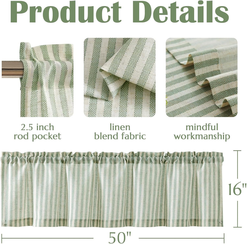 Valance Curtain Linen Textured Striped Window Curtain for Living Room Light Filtering Farmhouse Valance for Kitchen