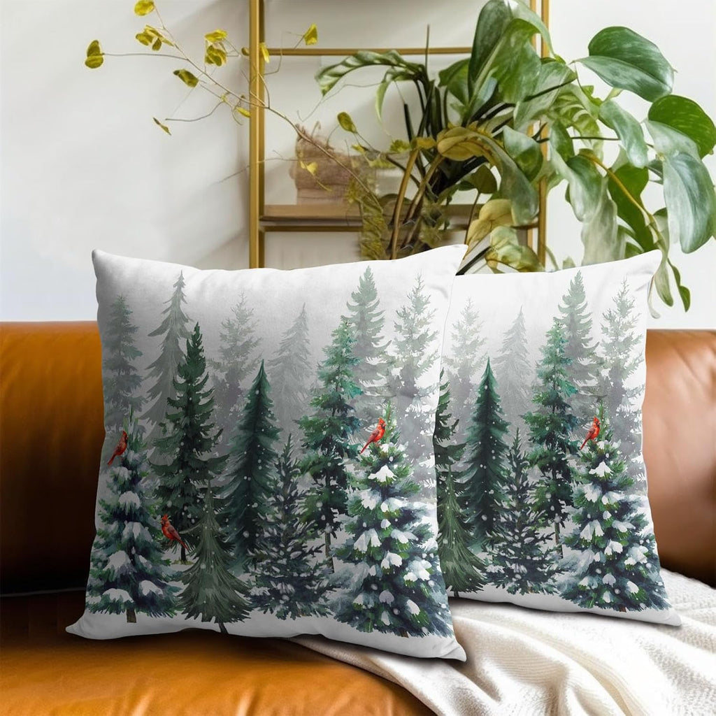 Winter Watercolor Snowflake Throw Pillow Covers 18X18 Inches Green Pine Tree Forest Red Bird Pillowcase Soft - Set of 2