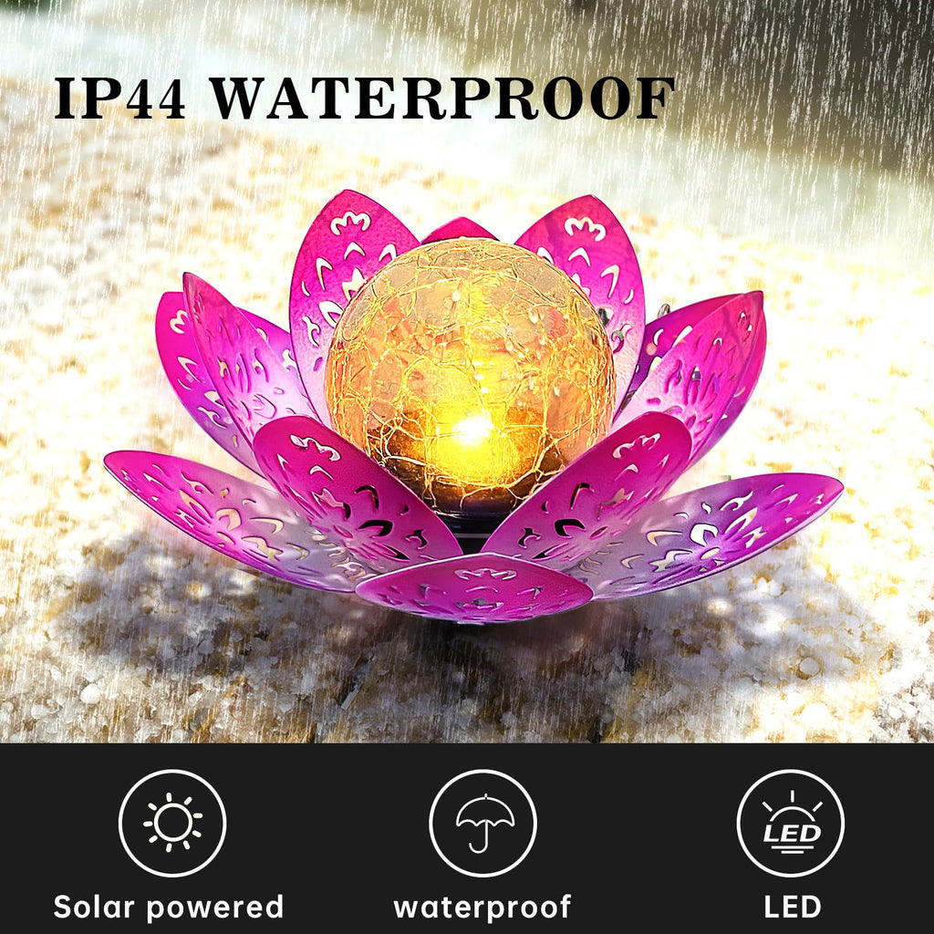 2 Pack Solar Garden Decor Lights Outdoor, Decorative Lotus Flower Solar Path Lights with Crackle Glass Globe, IP44