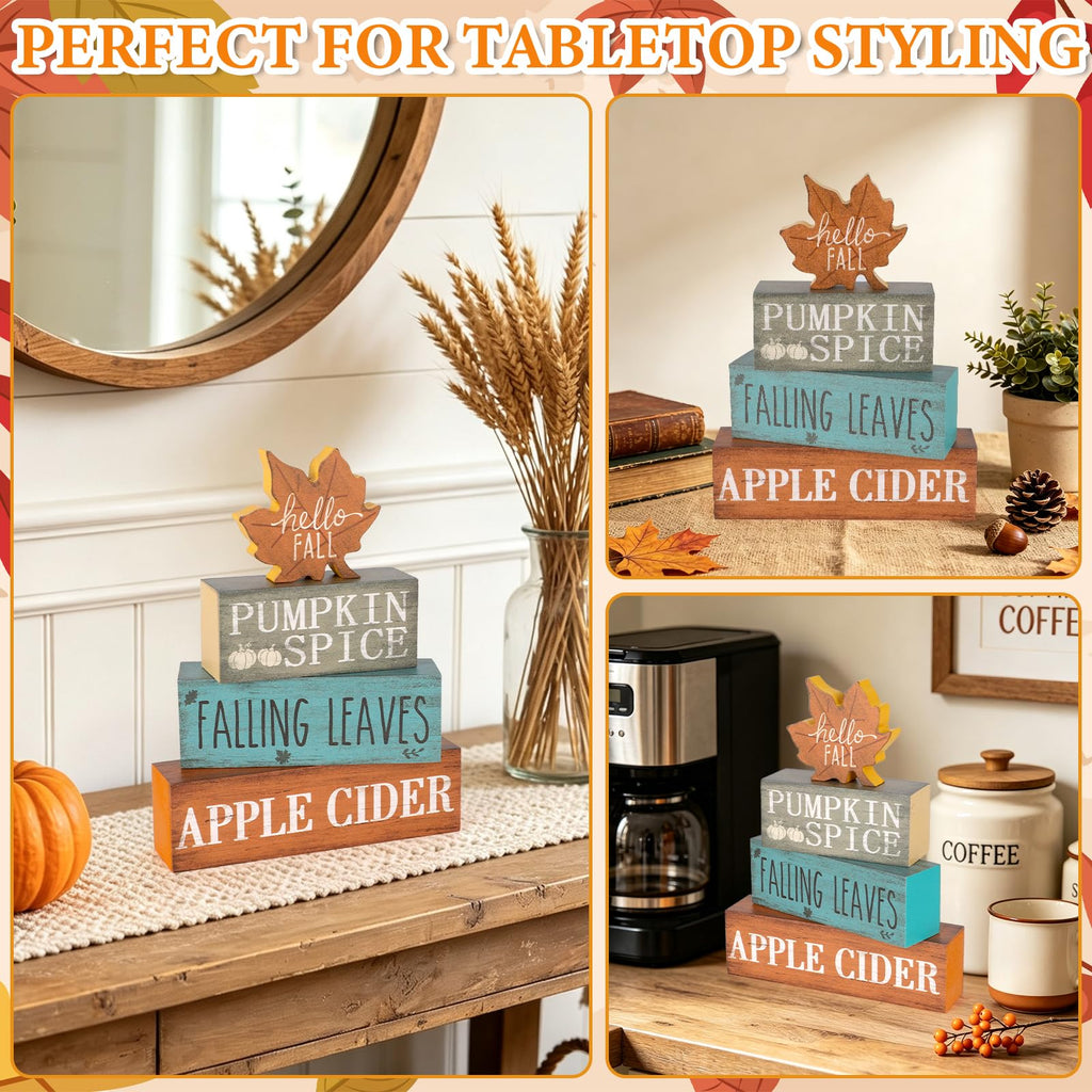 Fall Decorations Wooden Signs, 4 Sets Double Sided Rustic Farmhouse Fall Tiered Tray Decor, Pumpkin Spice Wooden