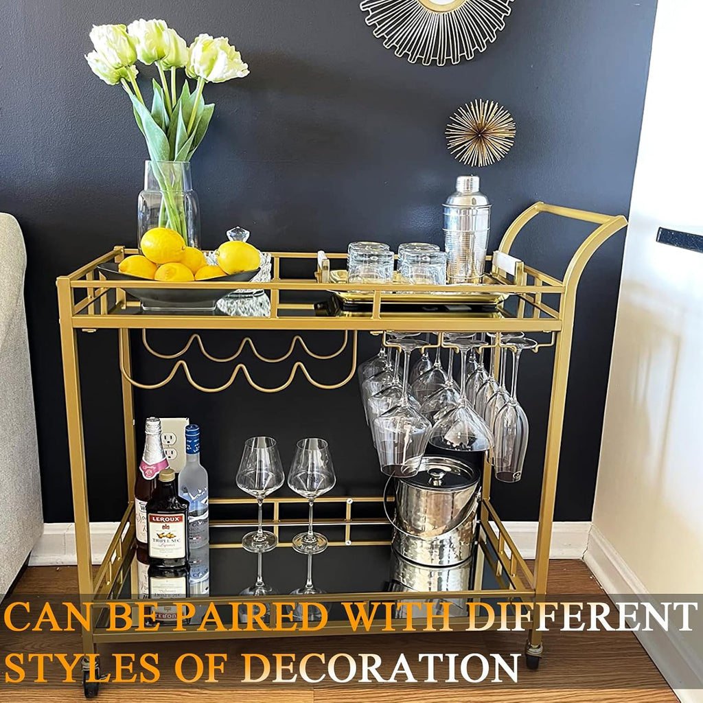 Gold Bar Cart, Gold Bar Cart with Wheels, Home Bar & Serving Carts with 2 Mirrored Shelves, Bar Carts for The Home