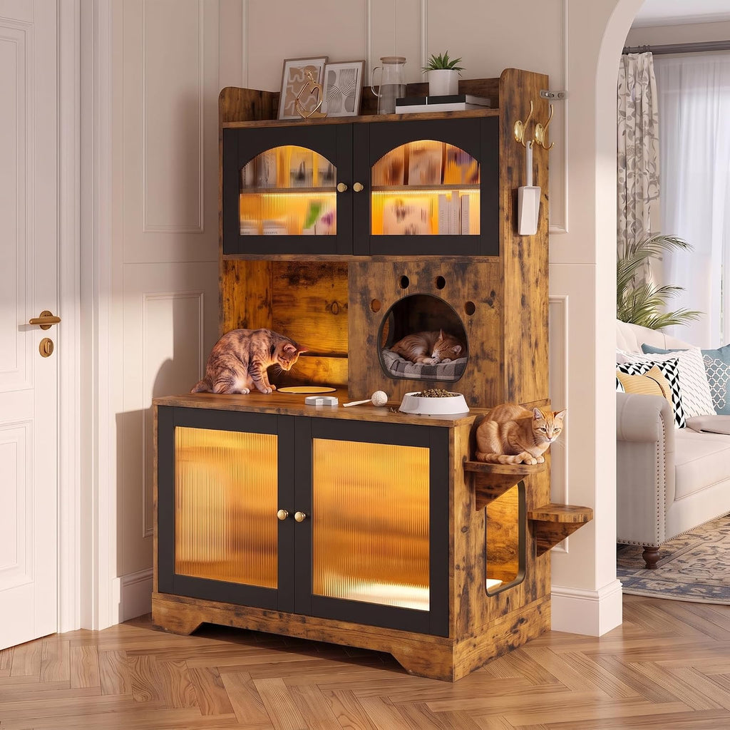 3 Tier Cat Litter Box Enclosure Furniture with Storage Cabinet