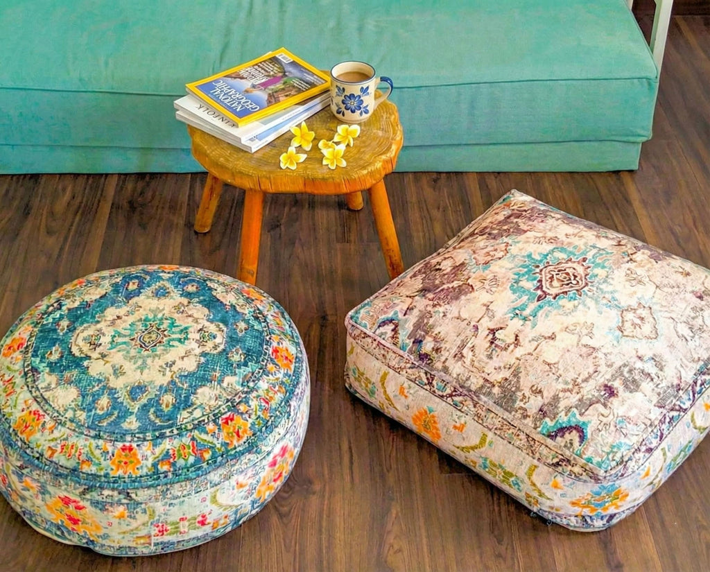 Floor Pillow Cover Blue Round Floor Cushion Boho Room Décor Moroccan Seating Area Perfect Pouf Ottoman for Living
