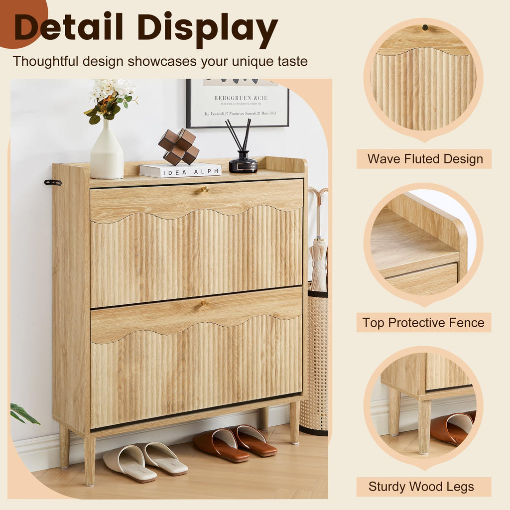 Oak 31.5" Fluted Shoe Storage Cabinet with 2 Flip Drawer