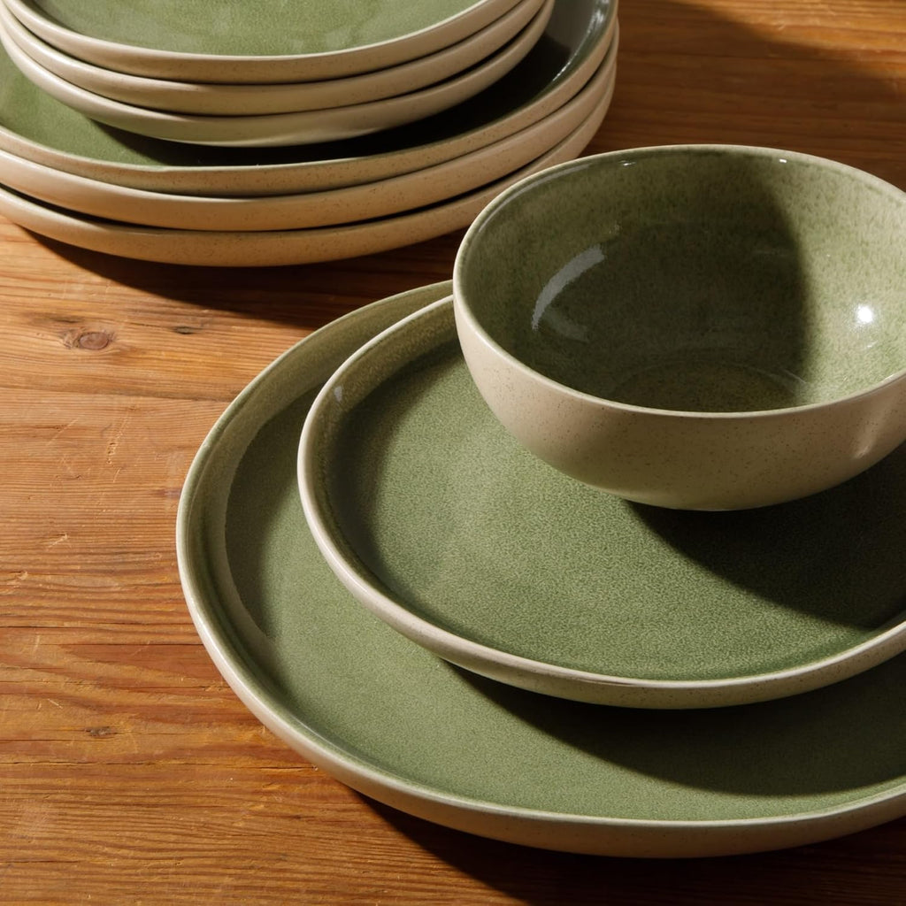 Manila Bay 12-Piece Stoneware Dinnerware Set, Service for 4, Reactive Glaze Modern Artisan Plates, Bowls & Mugs, Green