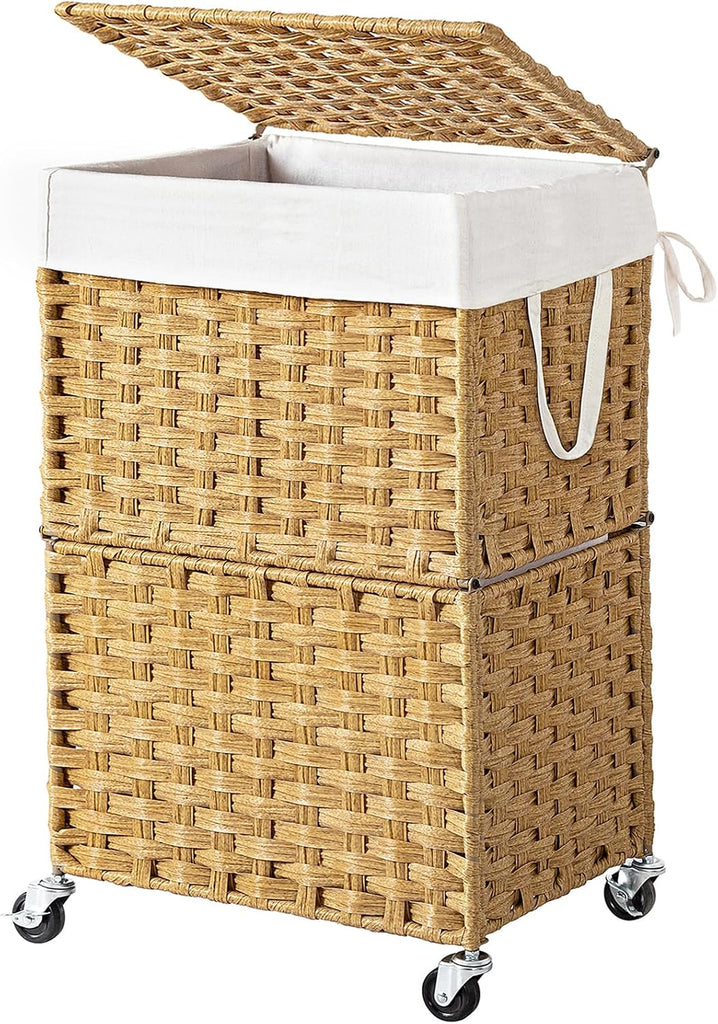Wicker Laundry Basket with Wheels,Rolling Laundry Hamper with Lid | 90L Slim Clothes Hamper with Wheels & Removable