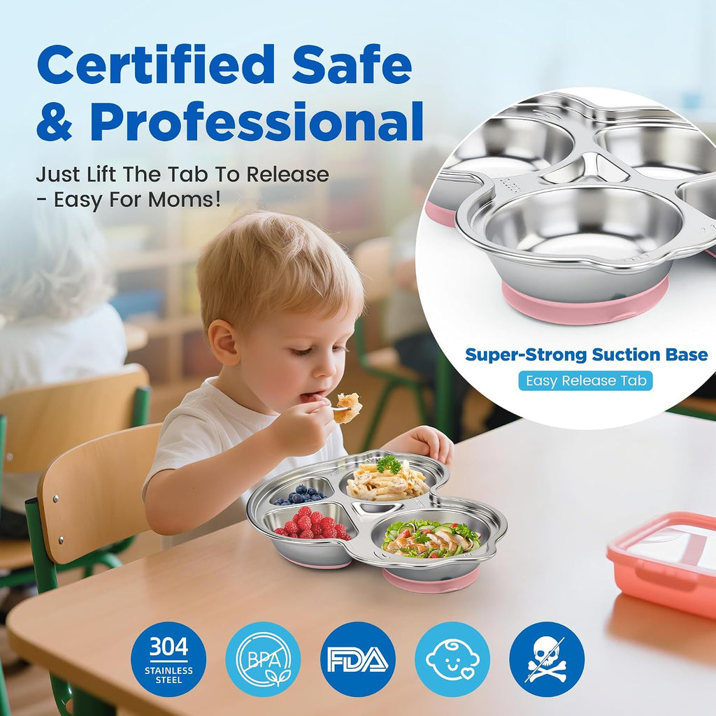 Stainles Steel Baby Suction Plate, Car Divided Toddler Plate Pink