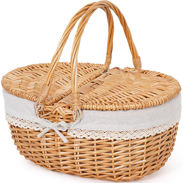 Wicker Picnic Basket with Handle & Lid, 15" Vintage Hand Woven