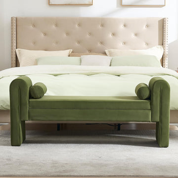 60.5" Velvet Upholstered Entryway Bench, Ottoman Bench End of Bed Bench with Armrest, Bedroom Bench with 2 Lumbar