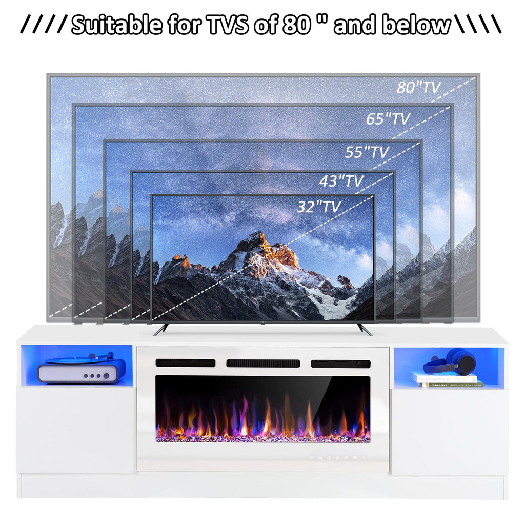Fireplace TV Stand 70" LED Light Entertainment Center White&White