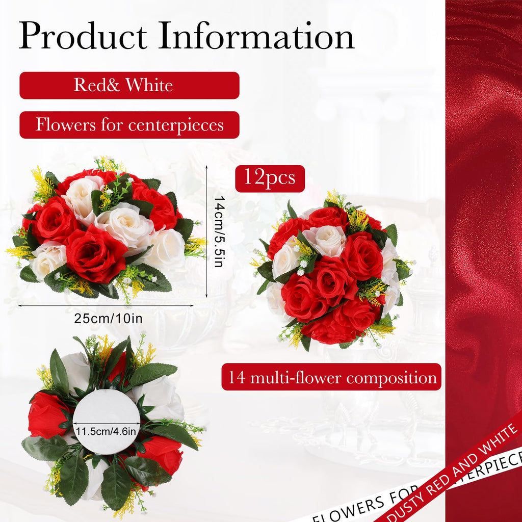 12 Pcs Silk Rose Flower Balls, Red, White