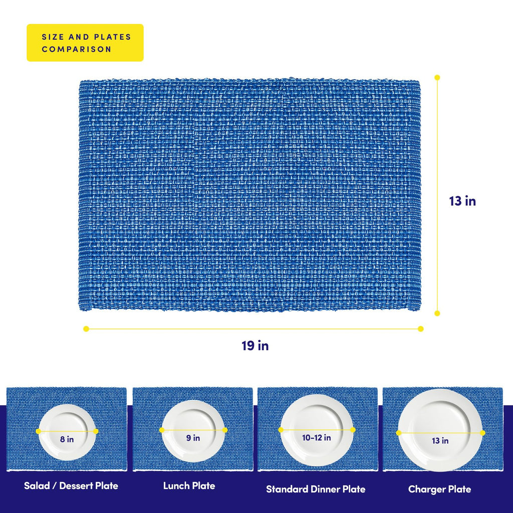 100% Cotton Placemats Rectangle Two Tone Woven Fabric 13" x 19" Soft Durable Table Mat Set, Set of 6, Dark Blue