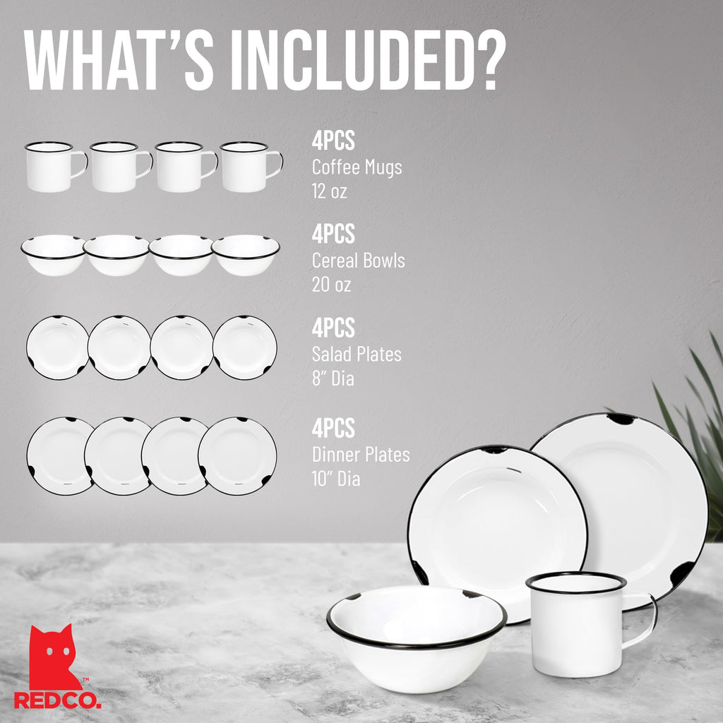 16-Piece Enamelware Metal Dinnerware Set for 4, Distressed White/Black Rim