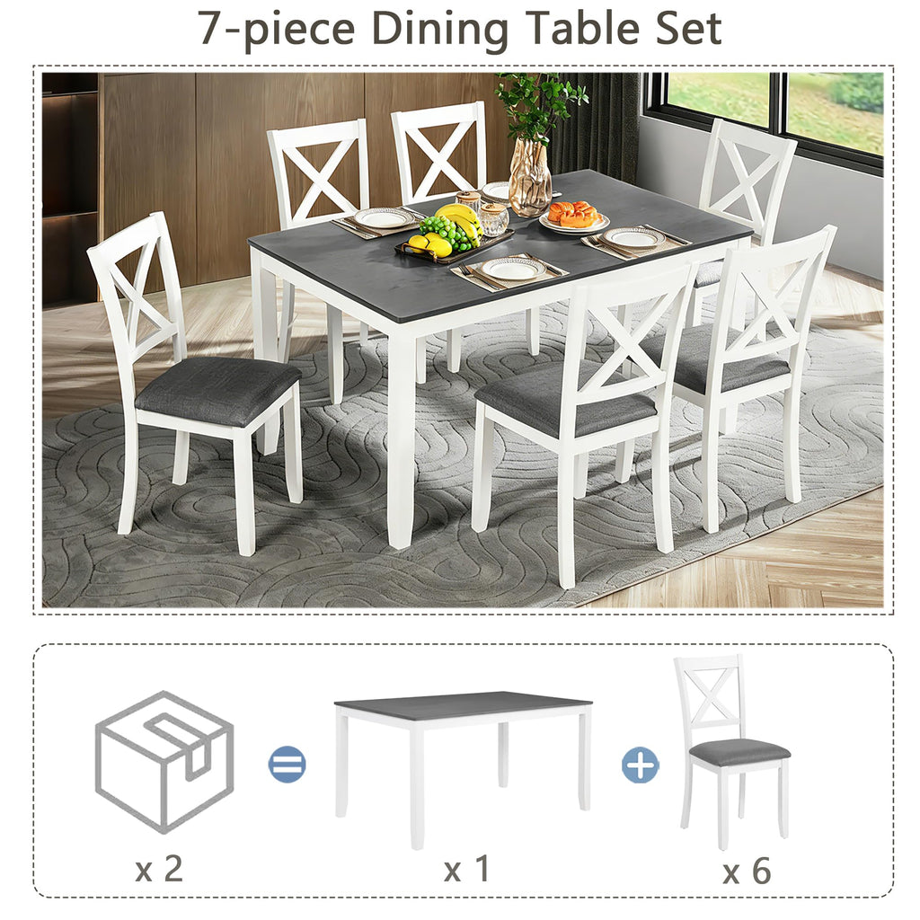 Modern 7-Piece Dining Set, 58.5" Solid Wood Table & 6 Padded X-Back Style Chairs, Grey & White Two-Toned /Dining Room
