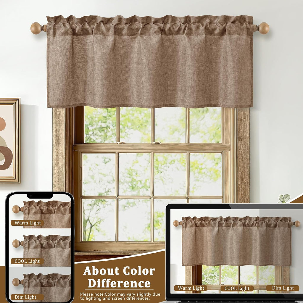 Faux Linen Window Valance - Khaki Light Filtering Rod Pocket Farmhouse Valances , 42x12 Inch, 1 Panel