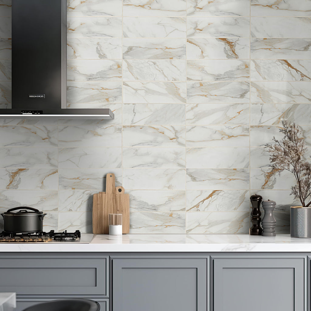 Porcelain Subway Matte Floor & Wall Tile | Calacatta Gold | 4" x 12"