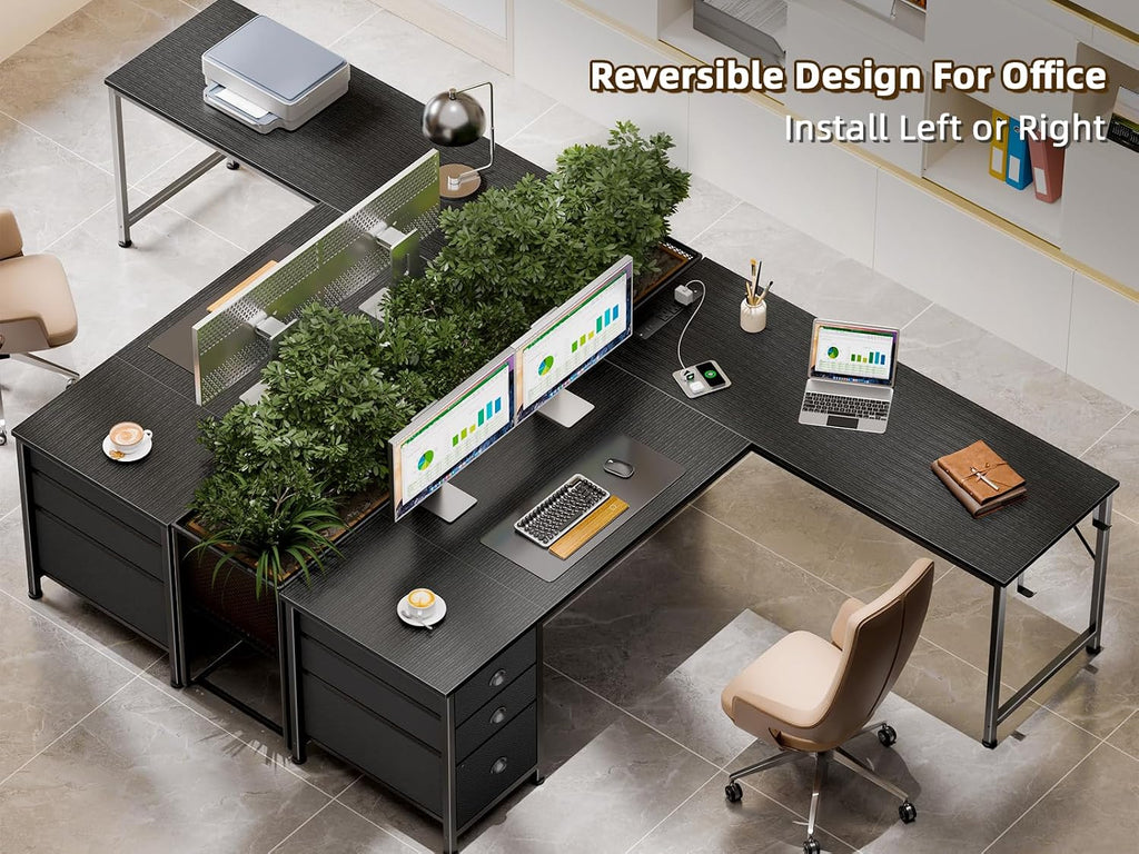 63" L Shaped Desk with Power Outlets & USB-C Port, Reversible Corner Computer Desk with 3 Fabric Drawers, Hooks, Home