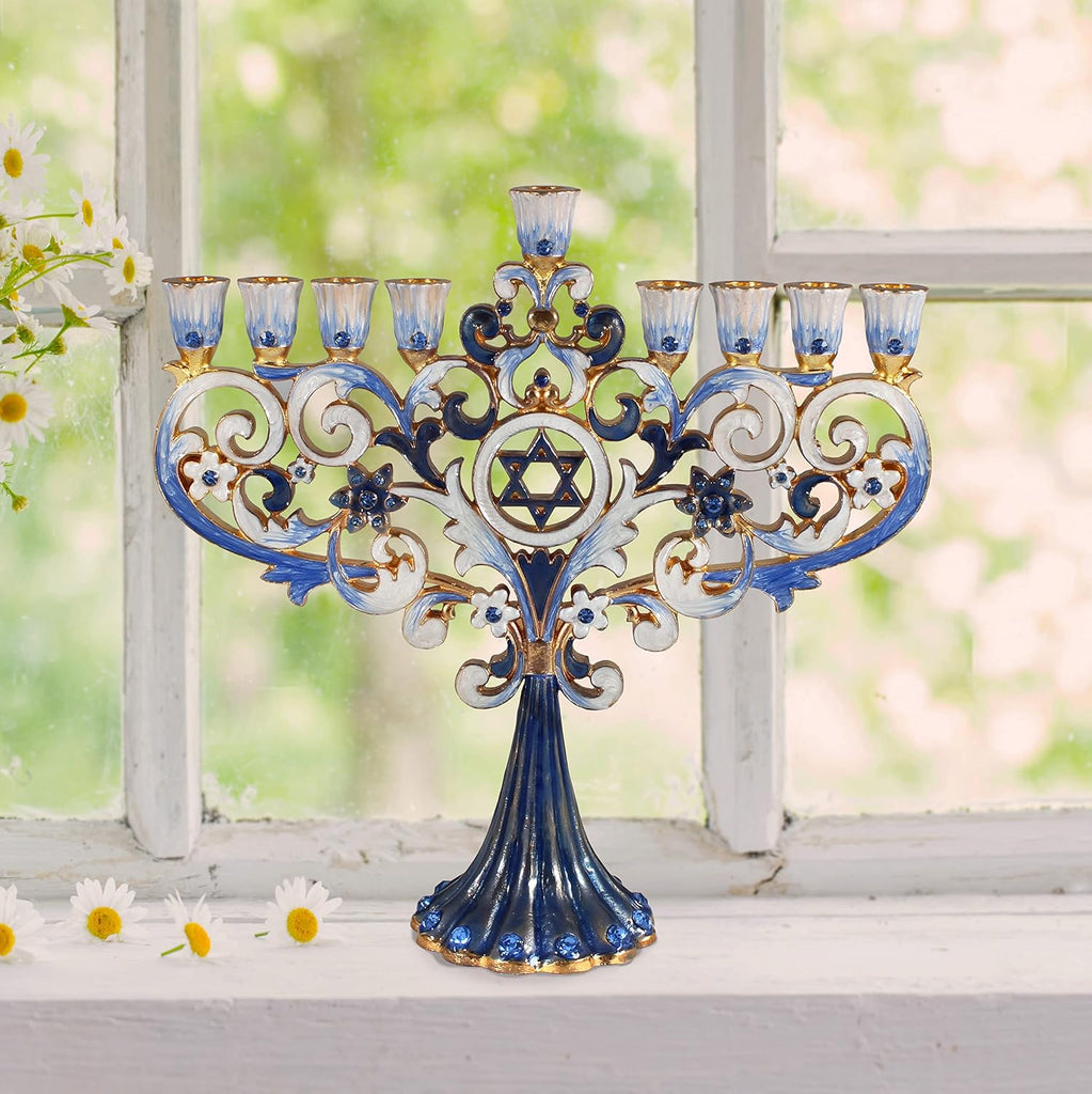 Artistic Chanukah Candle Elegantly Jeweled and Gold Plated Tree Fleur De Lis Menora for Hanukkah (Classic Blue)