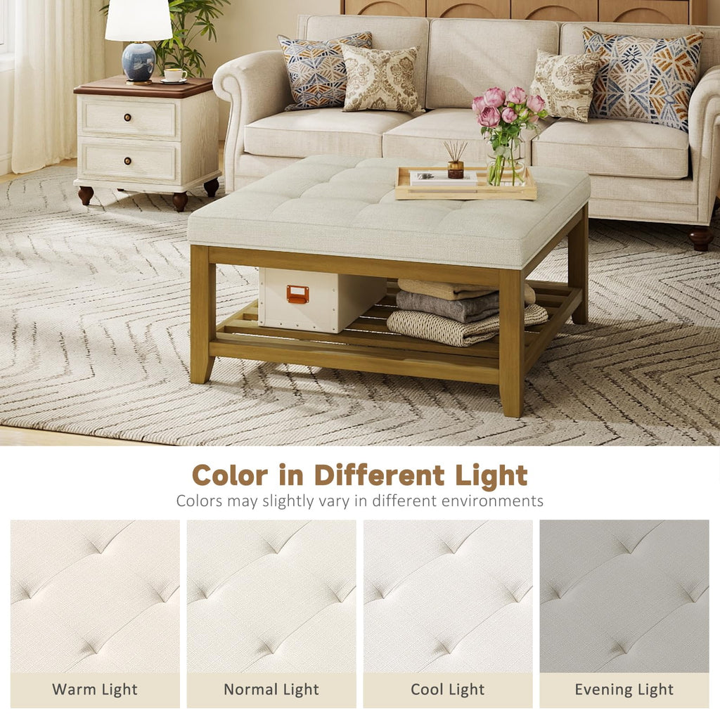 Ottoman With Storage Bench, Linen Ottoman Coffee Table, Ivory