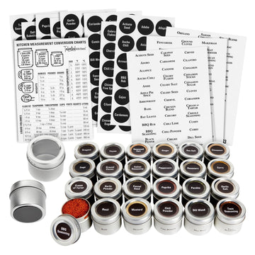 Magnetic Spice Jars - 3 oz, Stainless Steel, 24-Pack - Spice Tins with Sift & Pour Lids & Fridge Magnets Organization